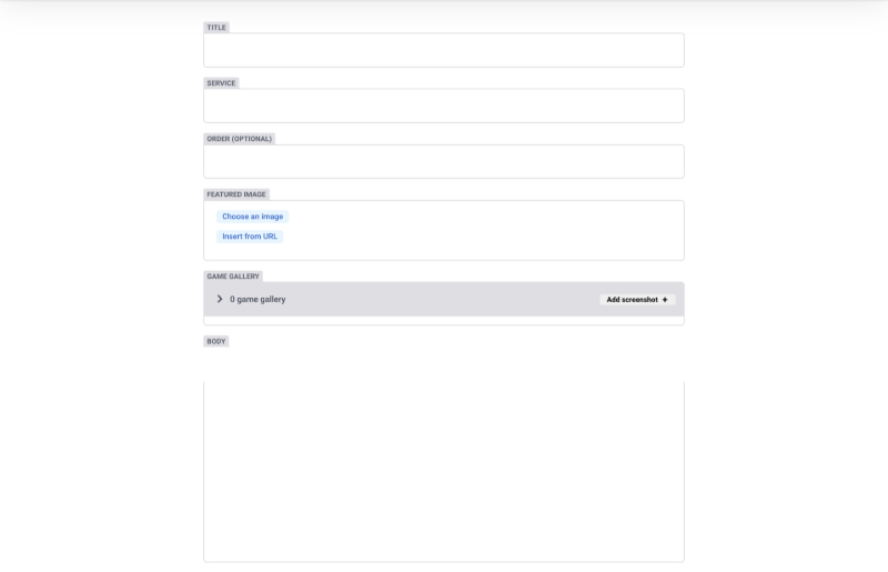 Image of the Decap CMS control panel, where a customer can easily add a new game.